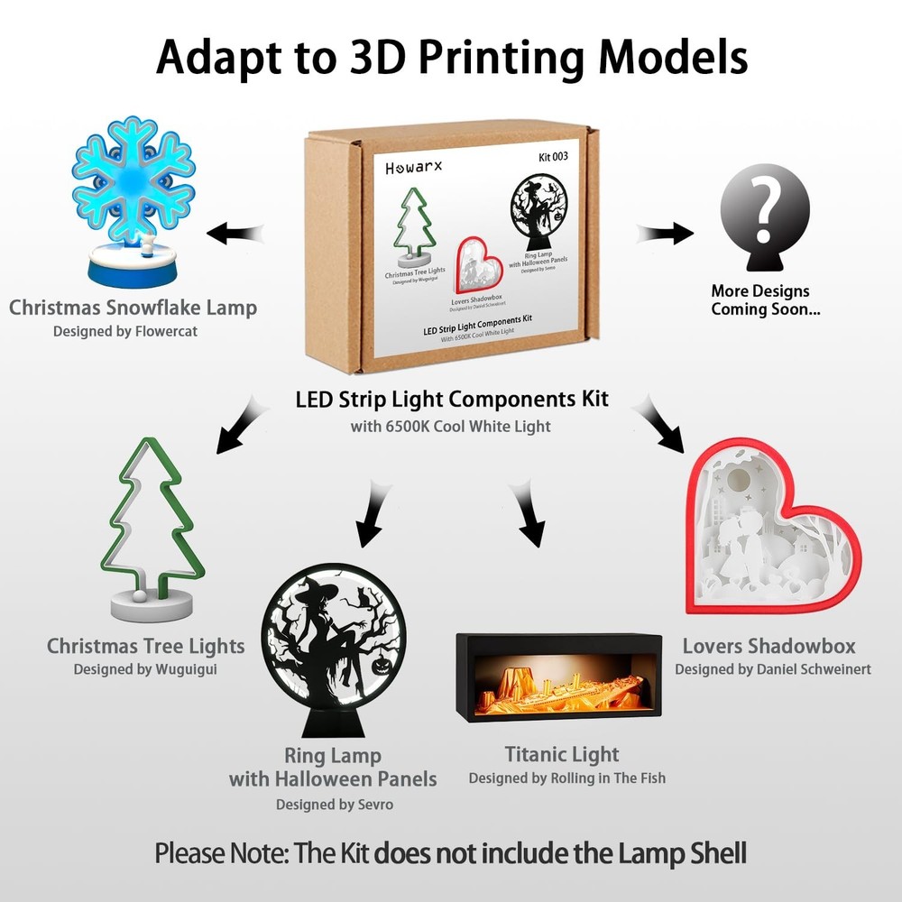 LED Strip Light Components Kit for 3D Printing with 6500K White Light