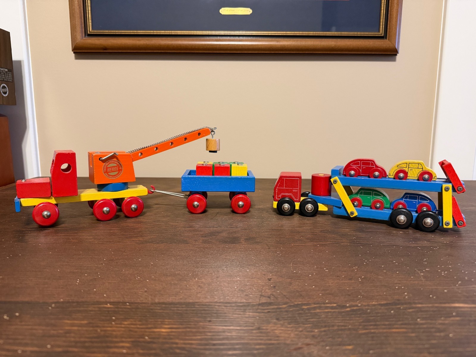 Western Germany Vintage Heros Wooden Toy Car Transporter and Crane Truck Trailer