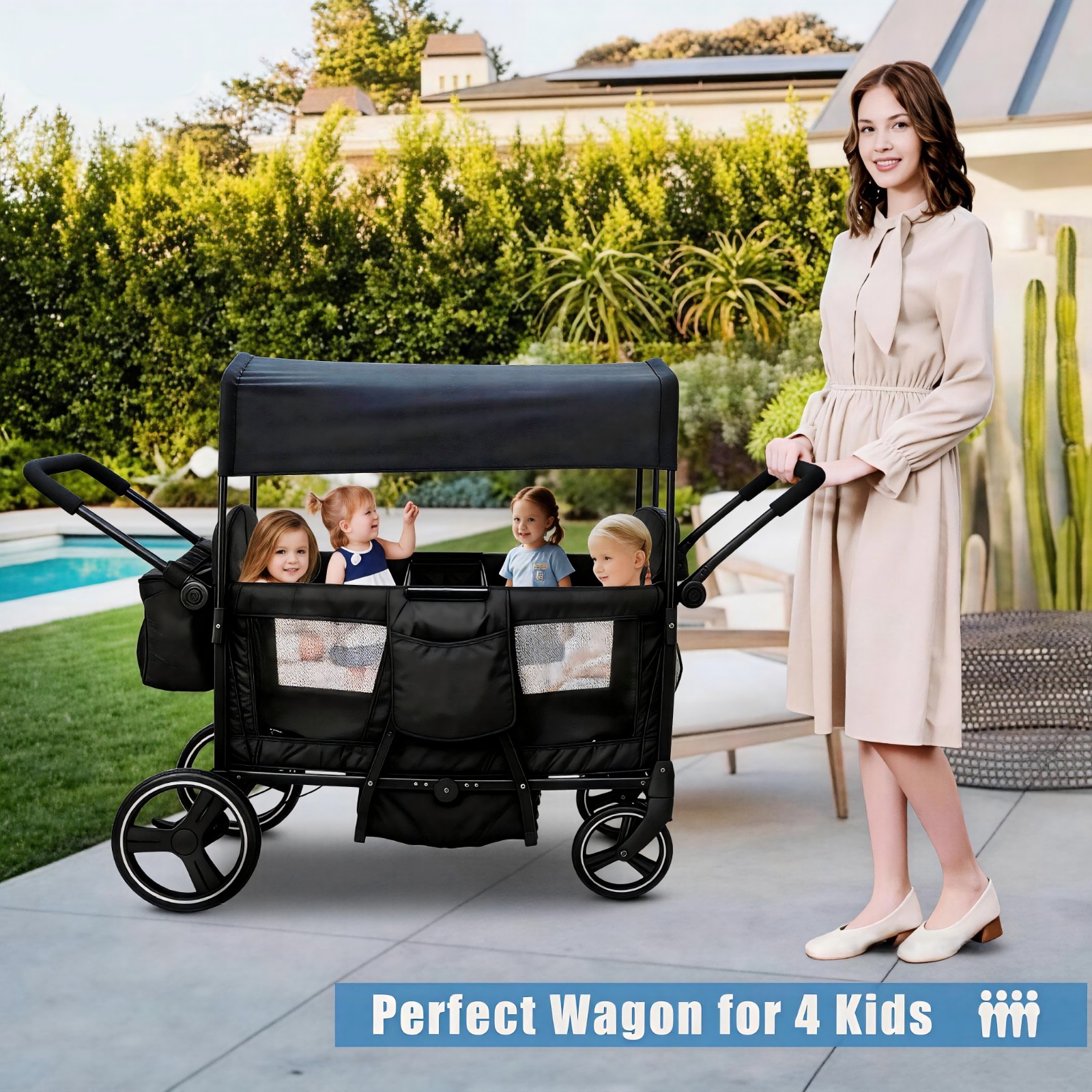 Wagon Stroller for 4 kids Lightweight folding baby stroller&with Mom's bag Black