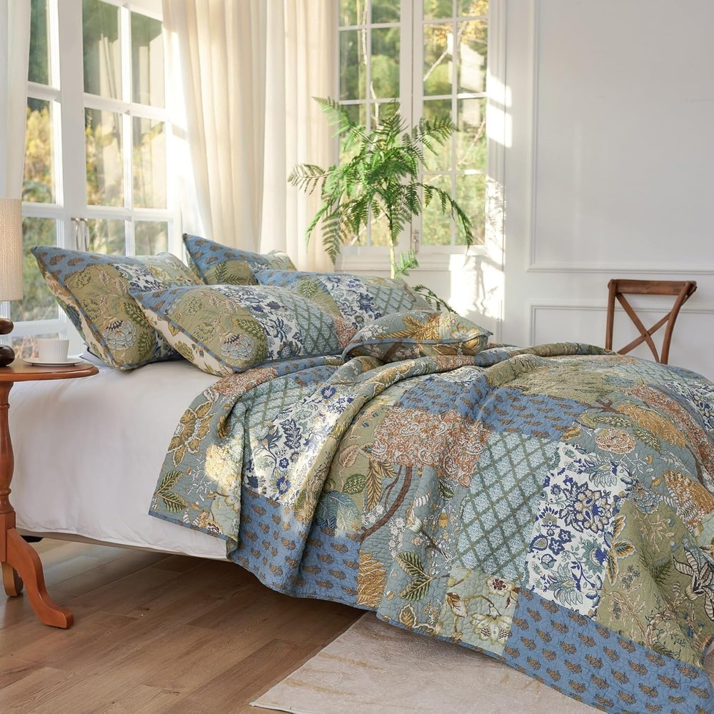 King Size Comforter Set Cotton Quilt Boho Patchwork Reversible Bedspread