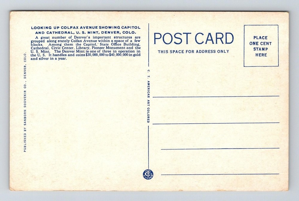 Vintage Denver CO Colfax Ave Postcard Featuring State Capitol & Mint
