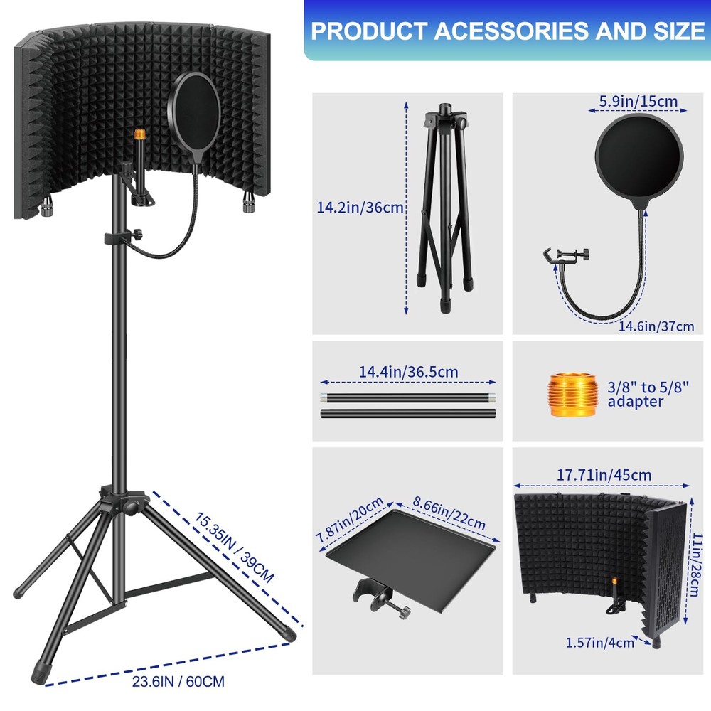 Microphone Isolation Shield with Pop Filter & Tripod Stand for Recording