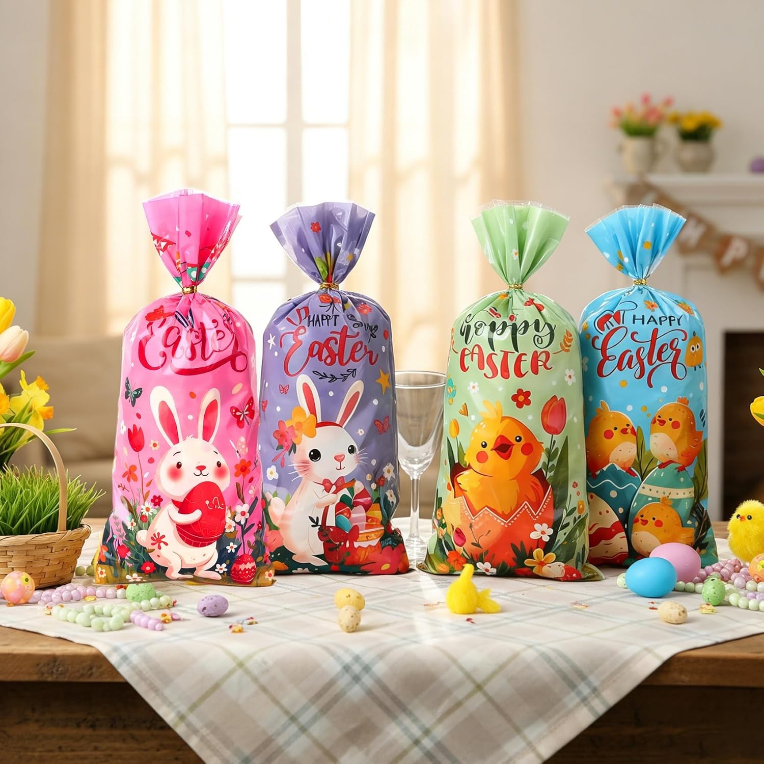 Happy Easter Treat Bags, 100Pcs Easter Cellophane Goodie Bags, Colorful Plastic