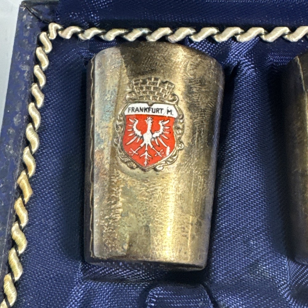 VTG GERMANY SET 8 GERMAN CITY COAT OF ARMS SILVER PLATE SHOT GLASS CUPS W/ CASE