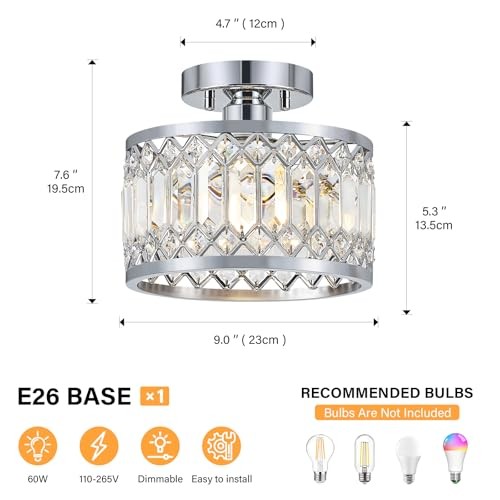 Crystal Ceiling Light Fixture, Modern Semi Flush Mount Ceiling 9.05in Chrome