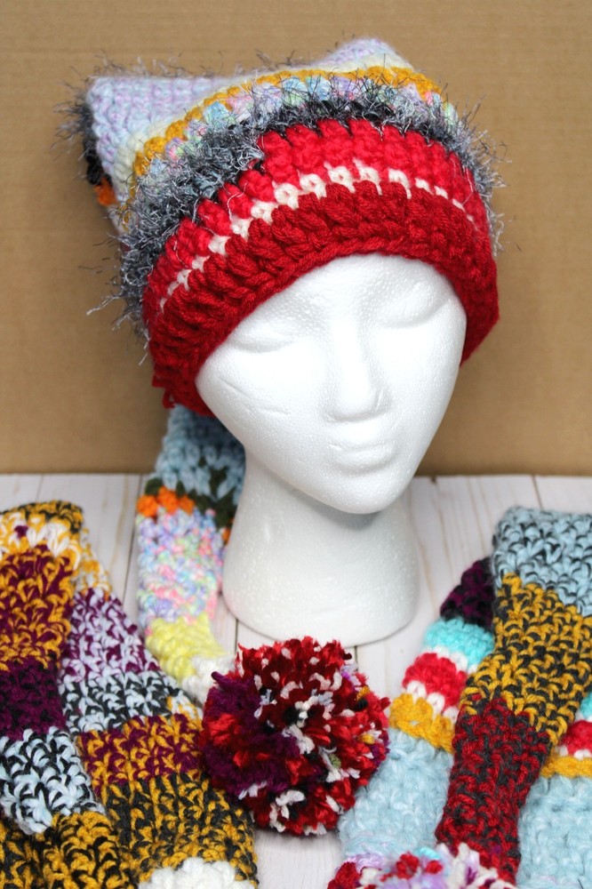 Hand Crocheted Multicolor Woold Blend Elf Hat with Pom Pom