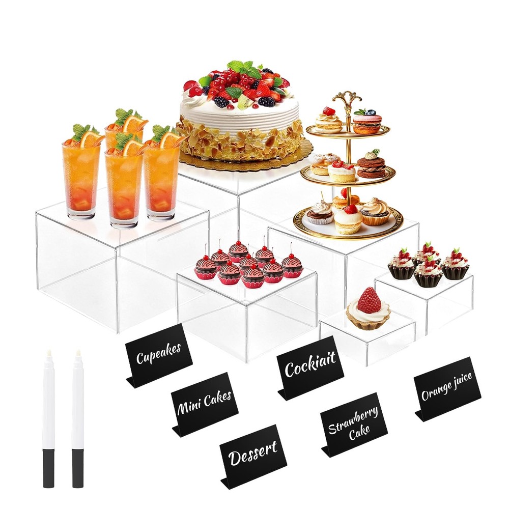 6Pcs Buffet Risers with Mini Sign and Maker, Clear Food Display Risers for Pa...