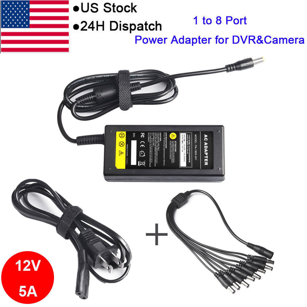 12V 5A DC Adapter +8 Split Power Cable for Sannce CCTV Security Camera DVR PSU