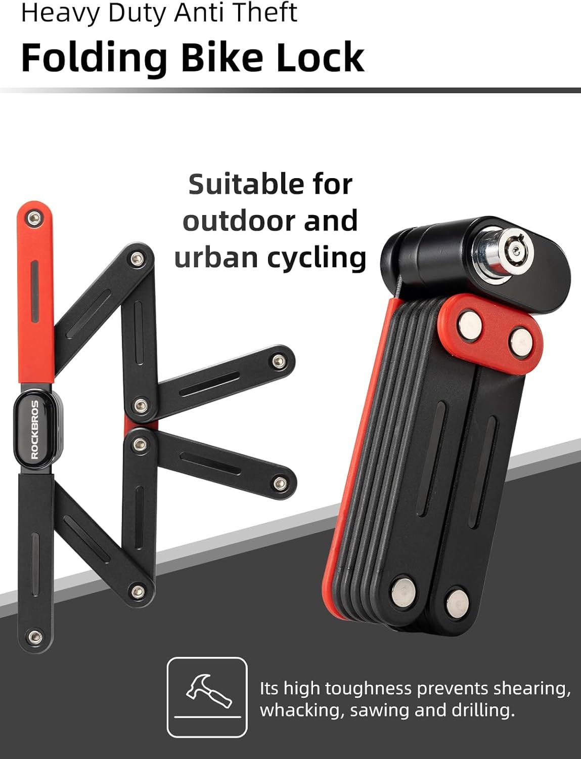 ROCKBROS Folding Bike Lock 120cm/47.24" w/2 Keys Non Theft Heavy Duty Ebike Lock