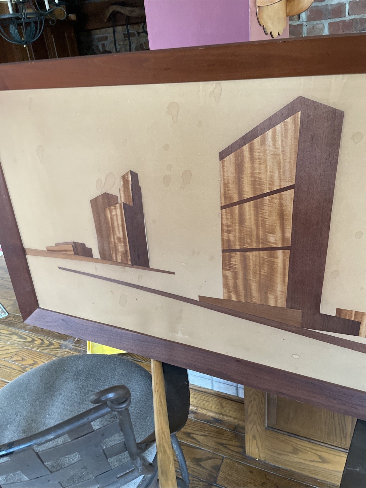 Vtg Mid Century Mel Quincy 62” Wood Original Veneer Signed Art Work Very Good