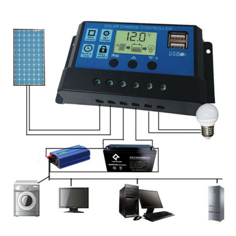 30A Solar Panel Battery Charge Controller 12V/24V LCD Regulator Auto Dual USB US