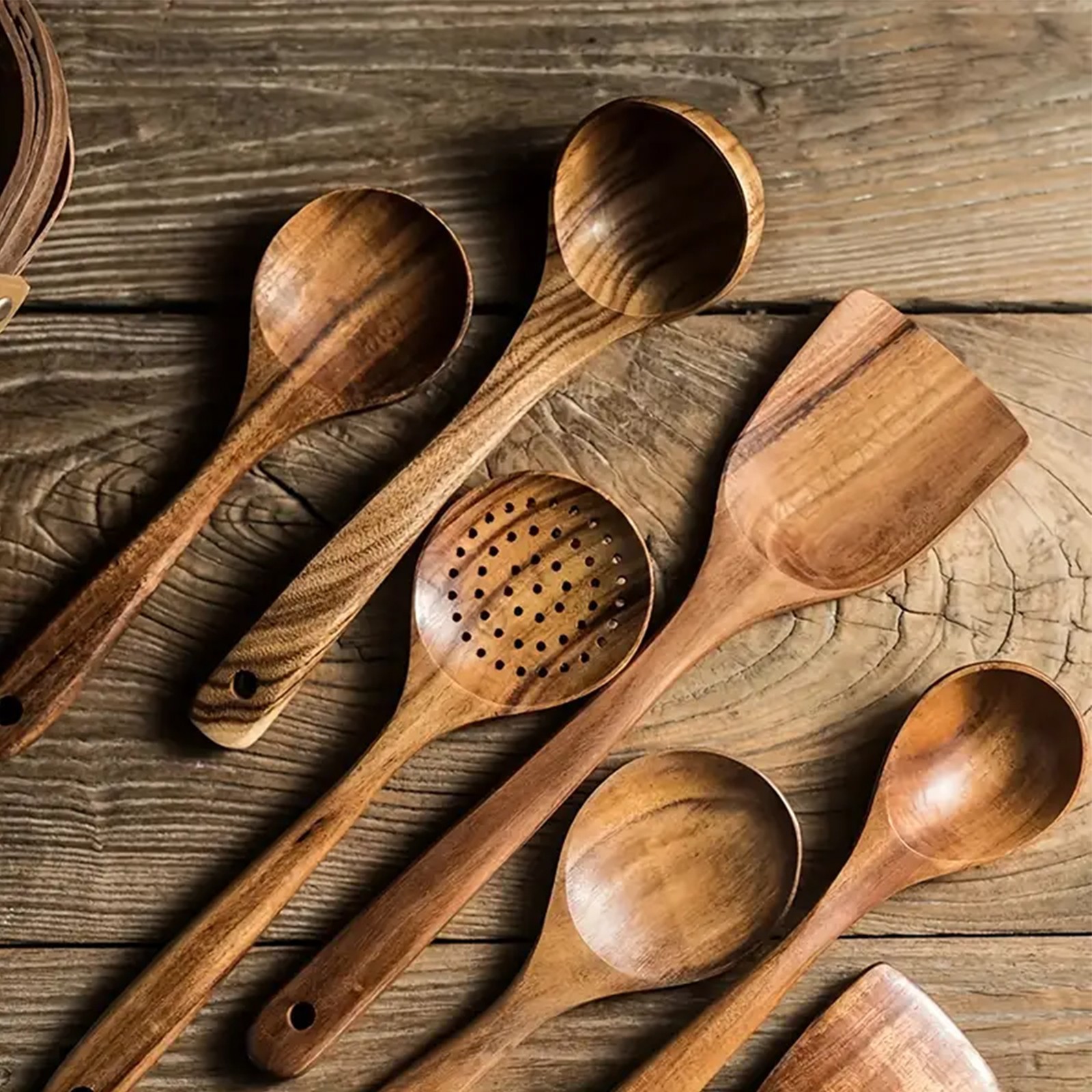 Wooden Kitchen Utensil Set - Natural Cooking Tools for Stirring & Serving
