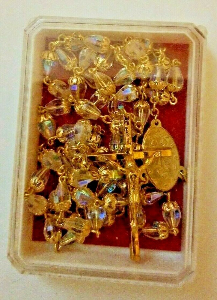 18K GOLD PLATED VANTAG Christian CATHOLIC CRYSTAL ROSARY FROM ITALY