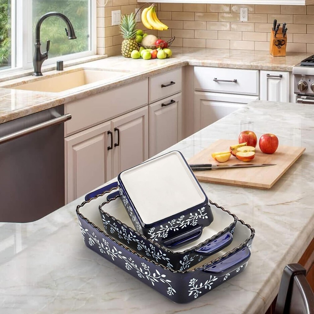 AVLA 3 Pack Ceramic Bakeware Set Porcelain Rectangular Baking Cobalt Blue