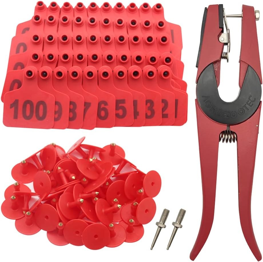 Numbered Cattle Ear Tags 001 100 Red Applicator Kit