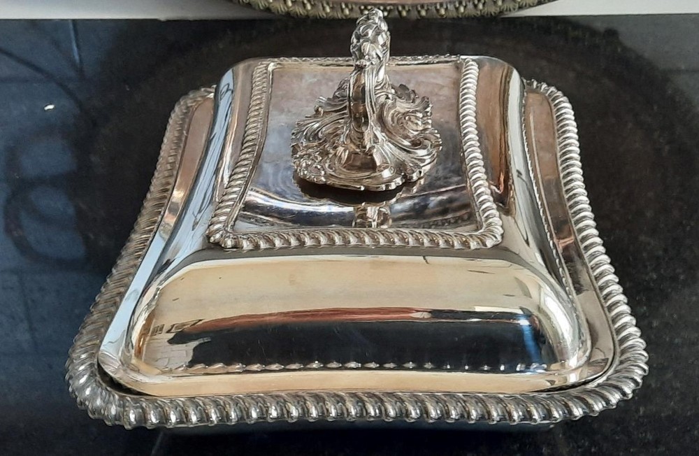Fine Antique Silver Plated Rectangular Entree Dish with Ornate Handle C 1850