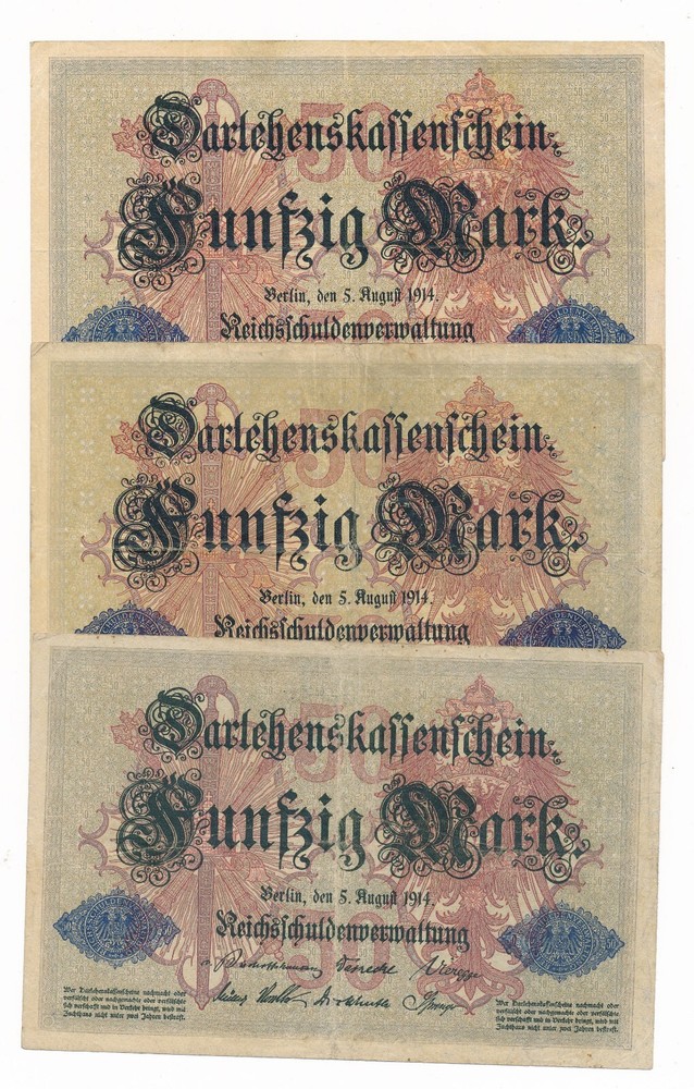 Germany 50 Mark 1914  P. 49 Fine/Fine+ 3 German Notes