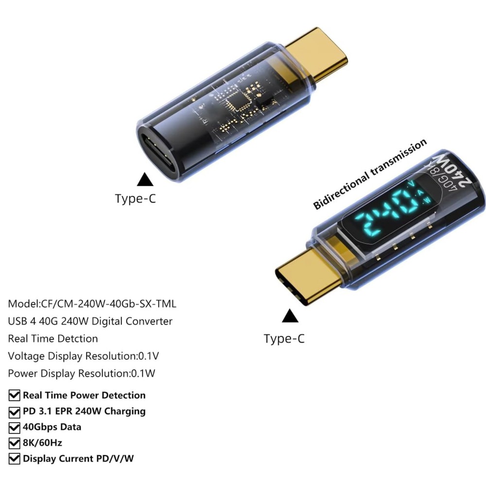 3 PCS USB C 8K 40Gbps Mini Digital Meter USB 4.0 Type-C Extension Adapter