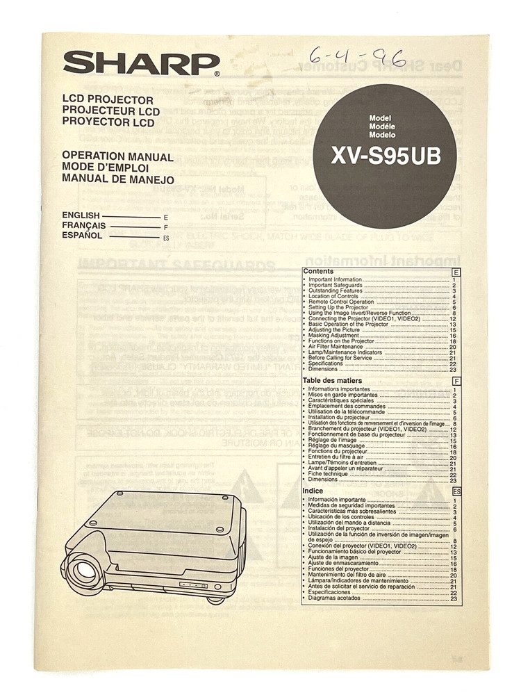 Sharp XV-S95UB LCD Projector Operation Manual - Original