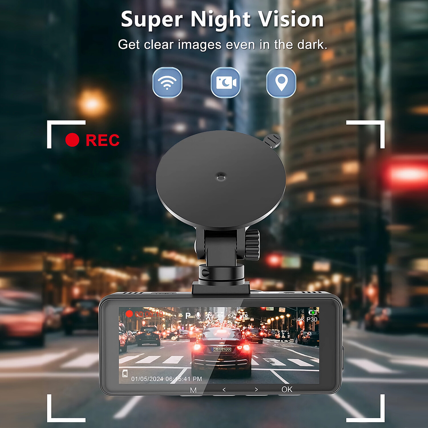 4K Dash Cam Front Dash Camera Super NIght Vision WIFI&GPS With 64GB SD Card