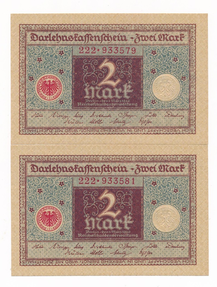 Germany 2 Mark 1920  P. 60:  2 Unc German Notes