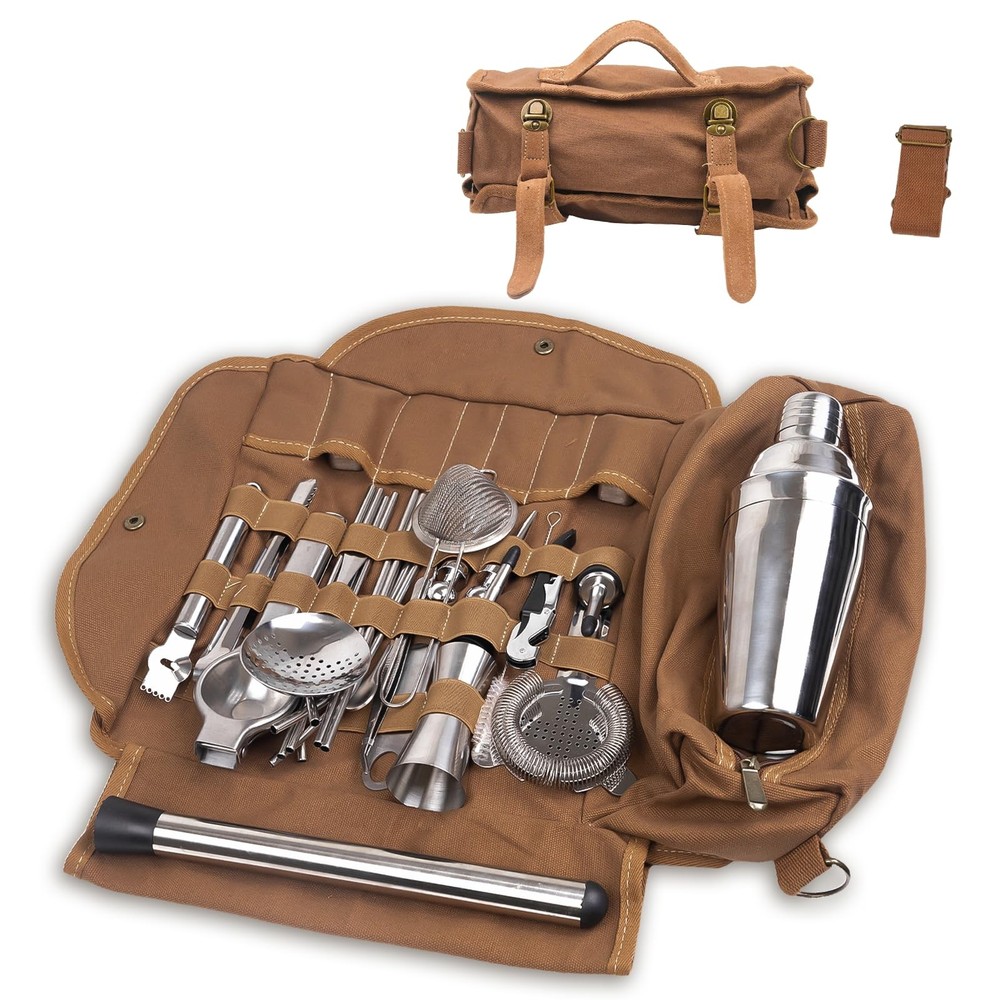 31Pcs Travel Bartender Kit–Bartending Kit with Bar Tools Khaki
