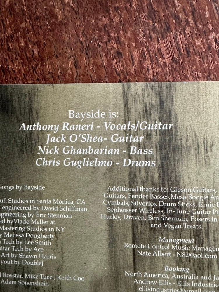 BAYSIDE signed cd booklet for the Shudder cd 2008