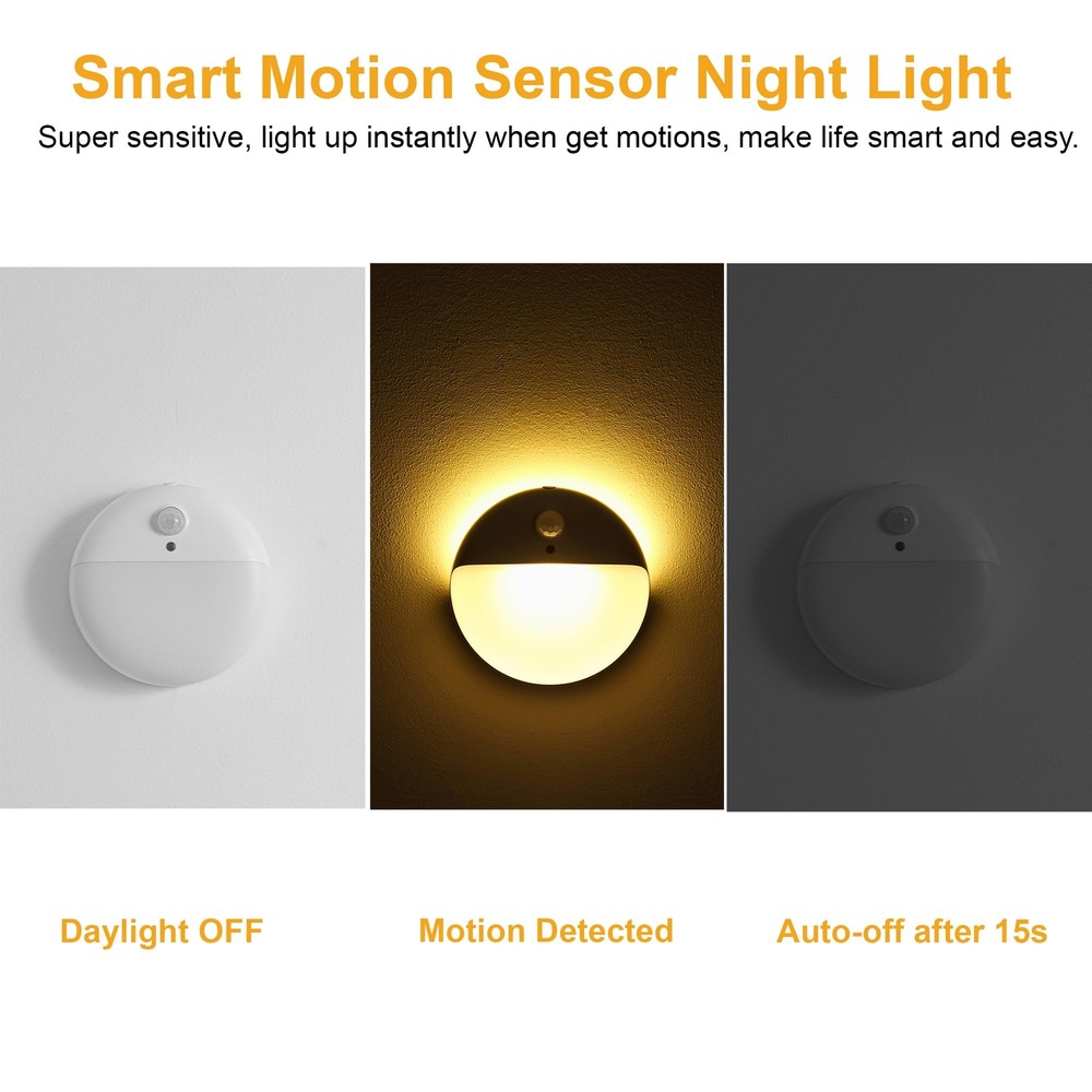 2 Pack Motion Sensor Night Light Gold Yellow 3 Lighting Modes Stepless Dimmin...