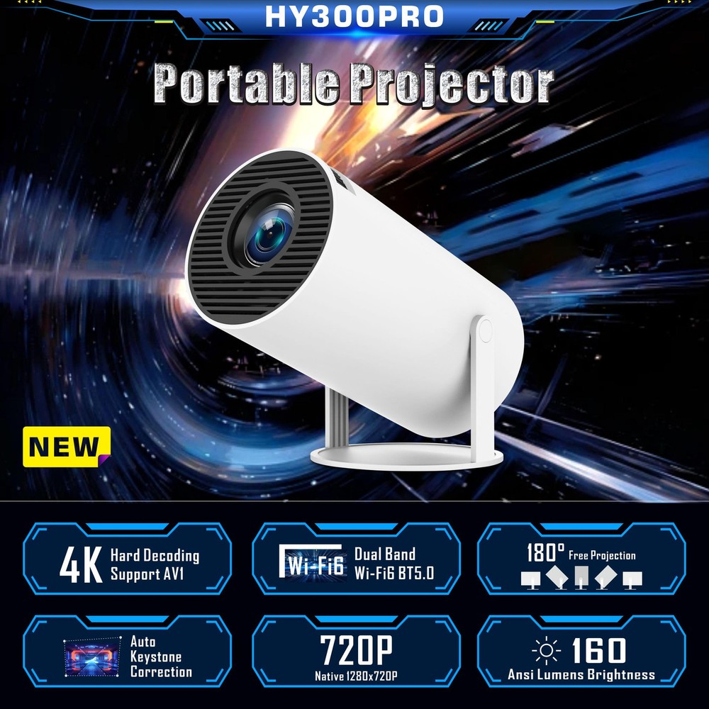 Smart Mini Projector - 4K with WiFi 6 & Bluetooth 5, Portable Android 11, Aut...