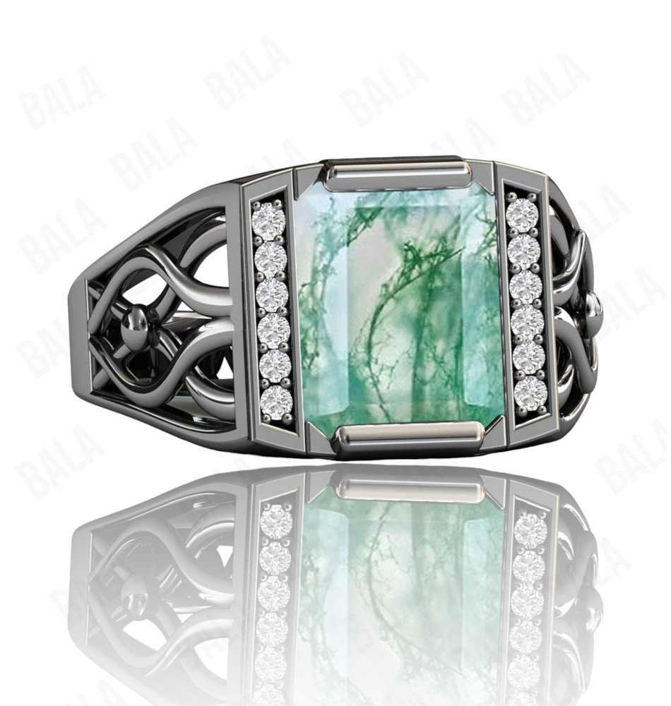 Handmade 925 Sterling Silver Moss Agate Ring, Rectangular Gothic Statement Ring