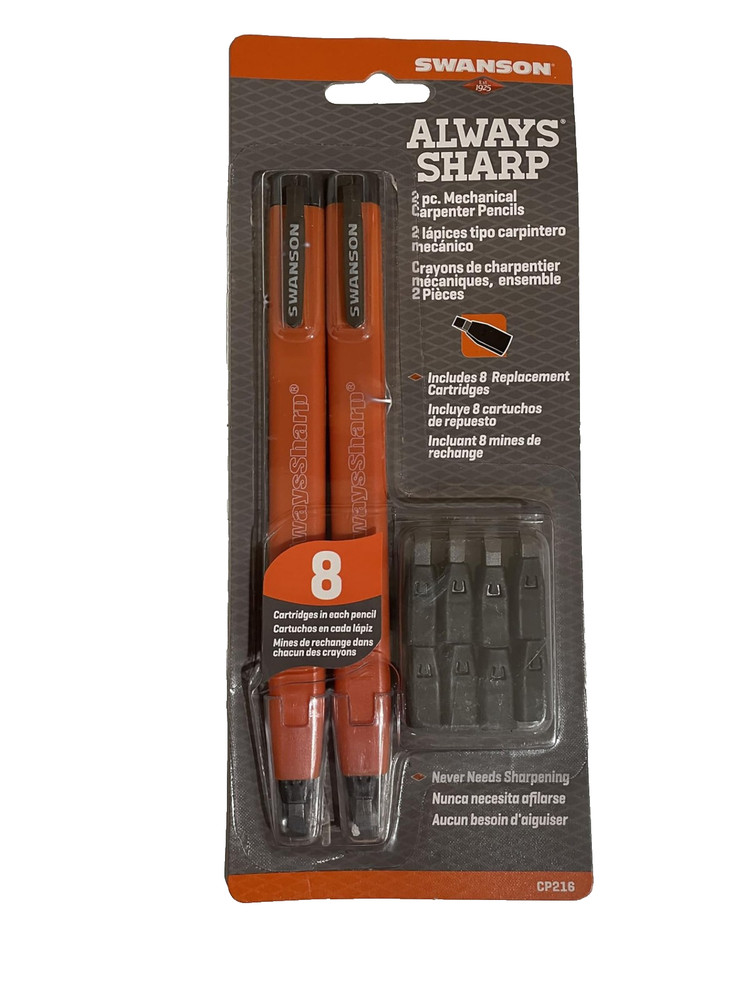 Mechanical Carpenter Pencil Refillable Flat Two Pack 8 Graphite Tips Sharp Clip