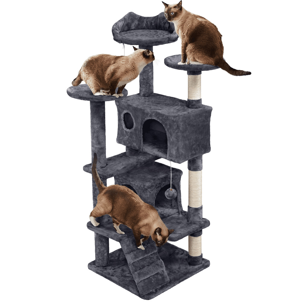 54.5" H Double Condo Cat Tree with Scratching Post Tower, Dark Gray