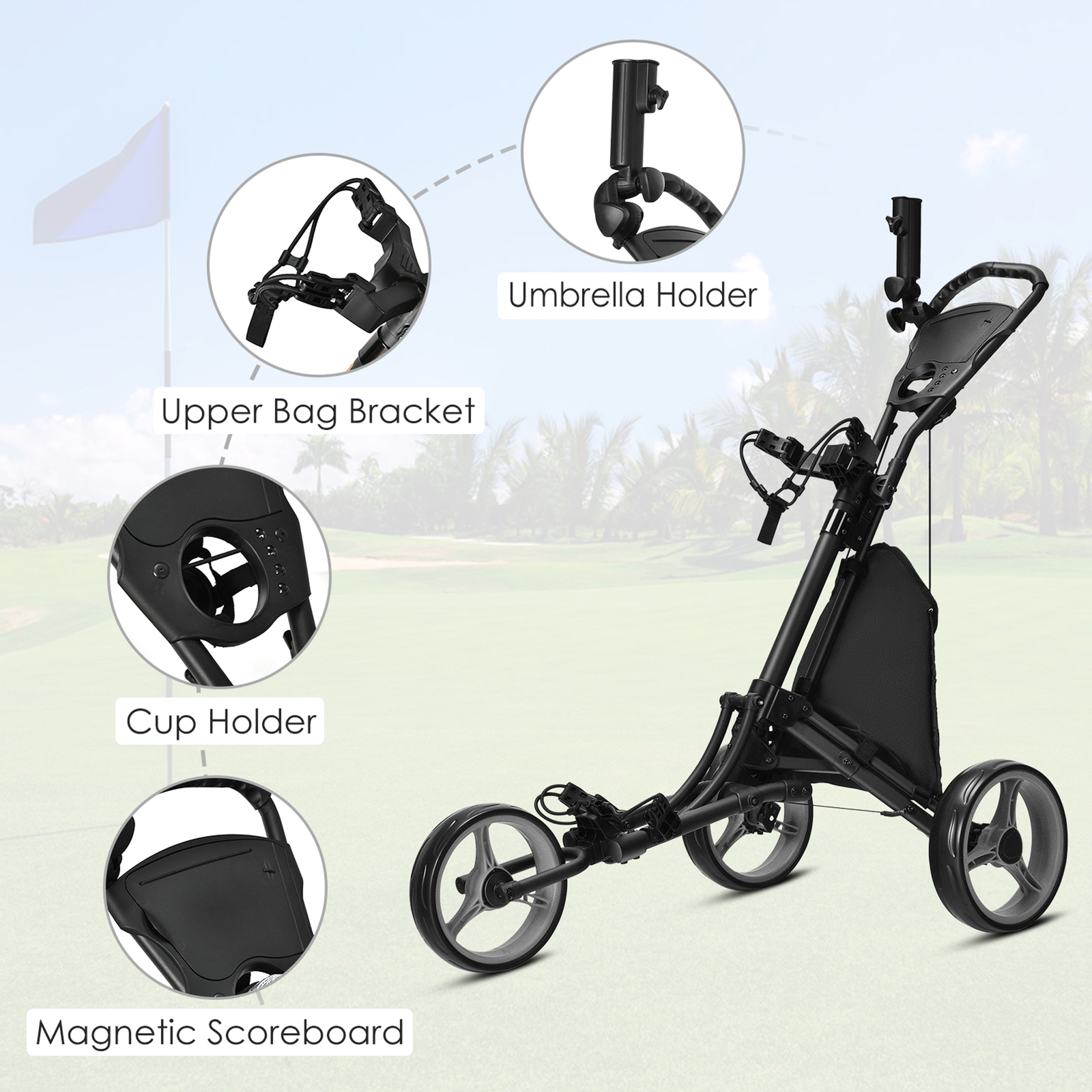 3-Wheel Foldable Golf Push Pull Cart Trolley w/ Adjustable Handle Grey
