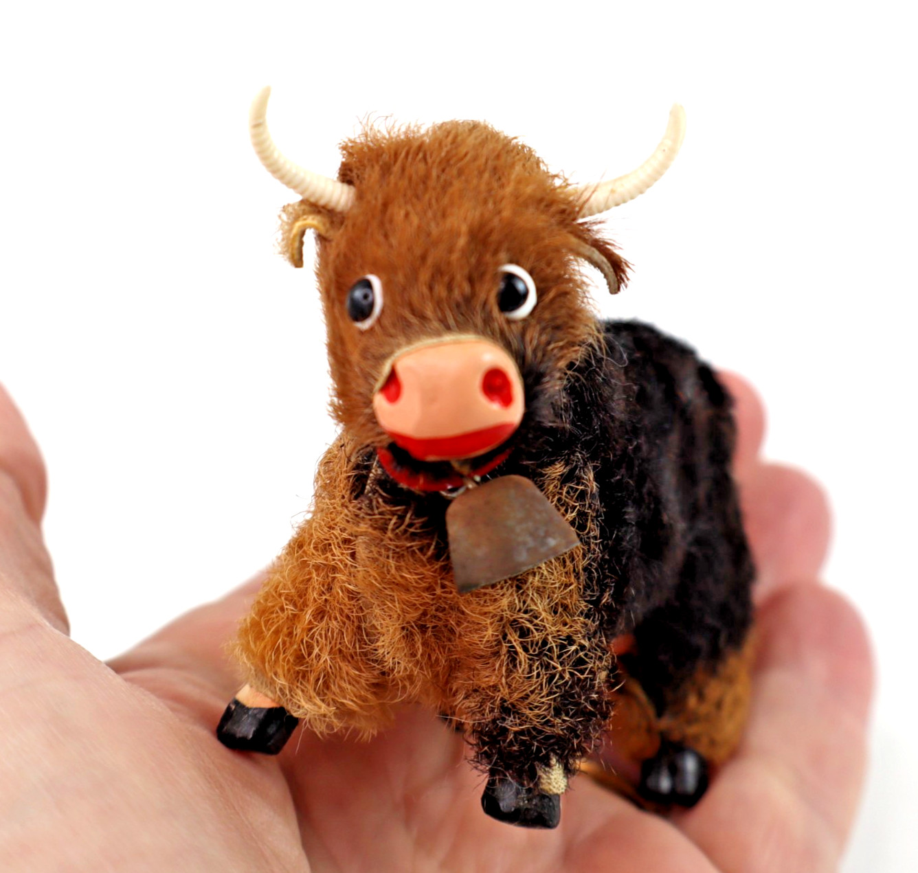 vintage Original Fur Toys miniature Cow Bull figure w/ tags bell W. Germany 3"