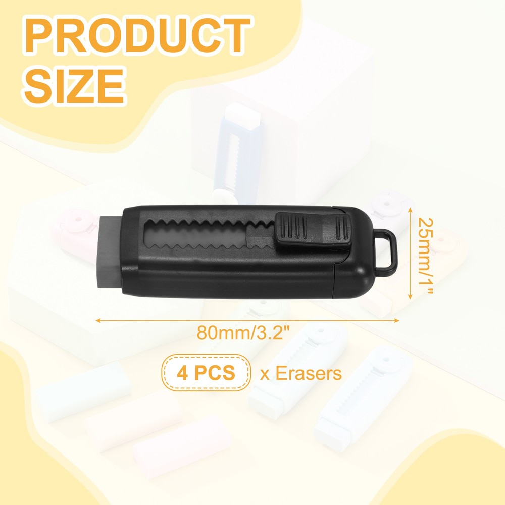 4Pack Erasers, Sliding Retractable Eraser Push Pull Cute Pencil Erasers, Black