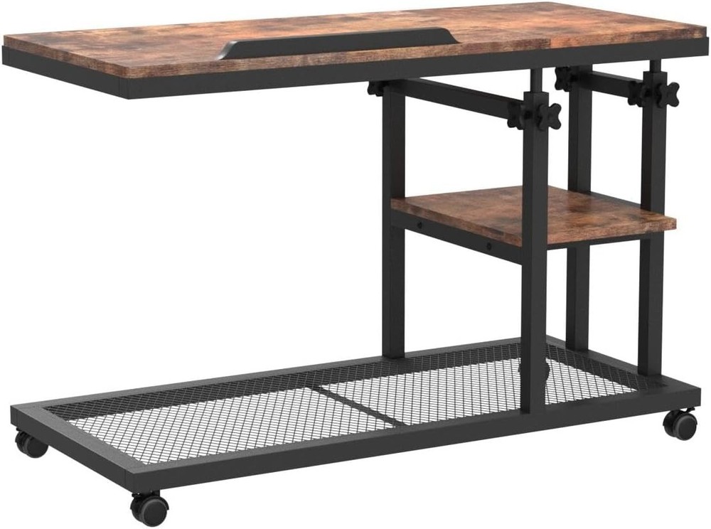 Height Adjustable C Table W/ Wheels Mobile Couch Snack Side Table W/ Tiltable