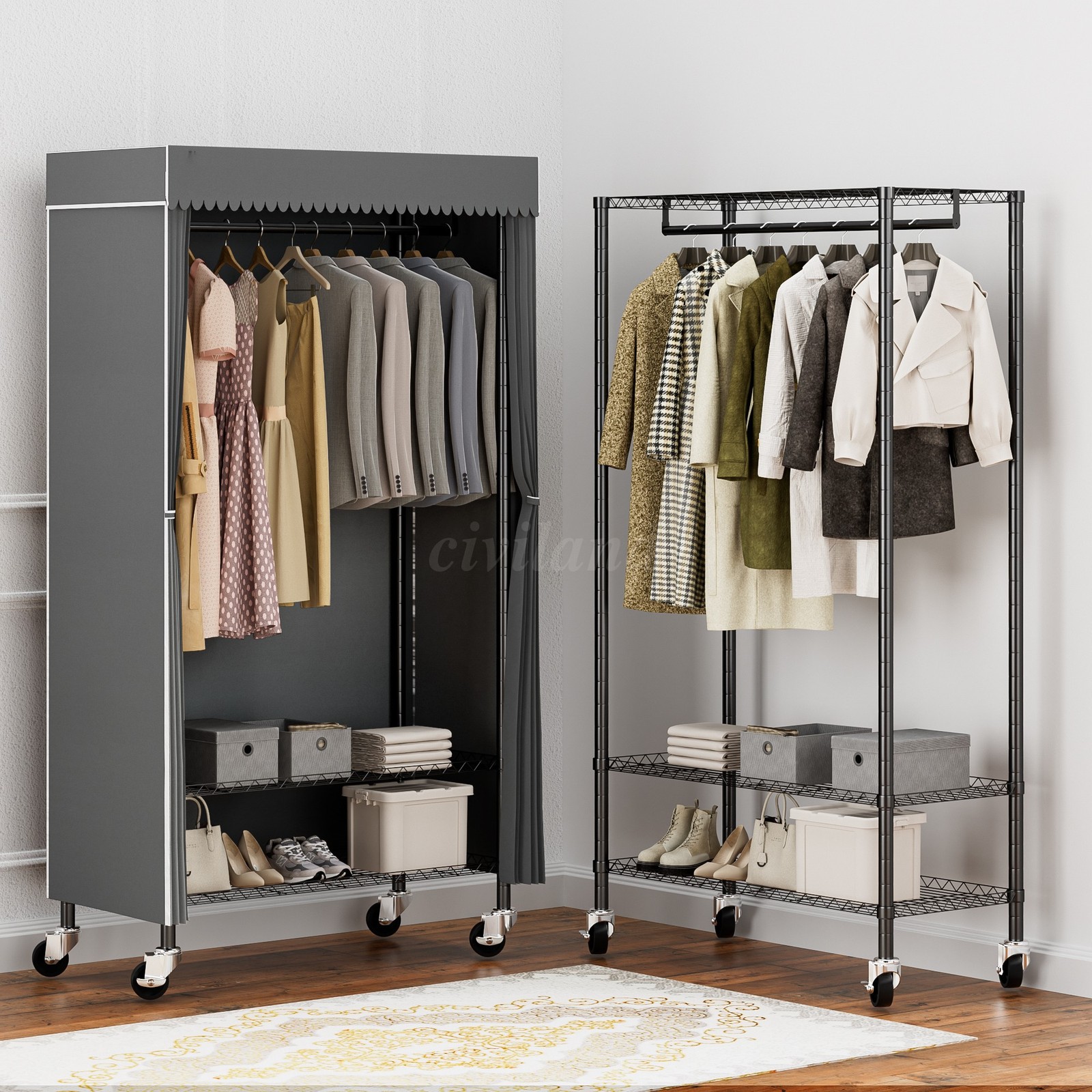3 Tiers Heavy Duty Rolling Garment Rack with Wheels, Adjustable Shelf, Bedroom