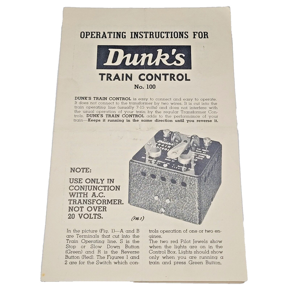 Dunks Train Control no. 100 Operating Instructions Vintage Made in USA