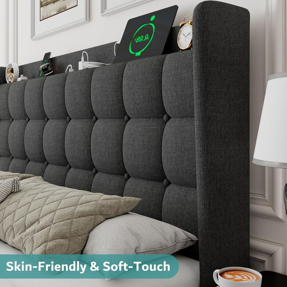 Ipormis Full Size Upholstered Platform Bed, Button Tufted Wingback Bed Frame wit