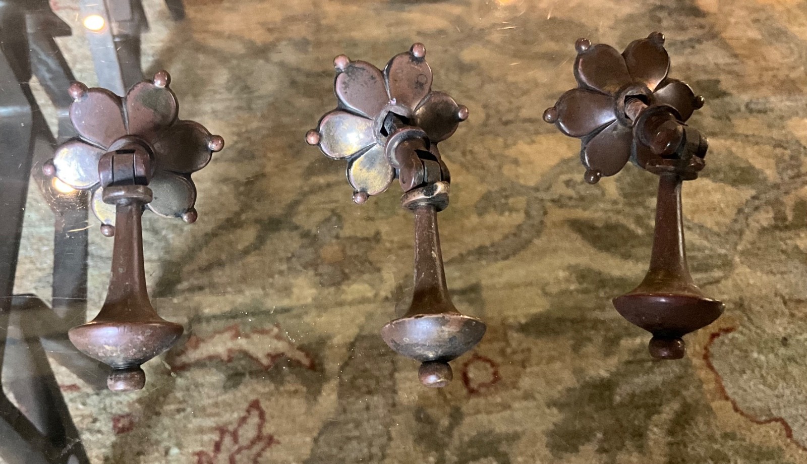 (3) Antique Brass Pendant Teardrop Drawer Pulls w/Backplates