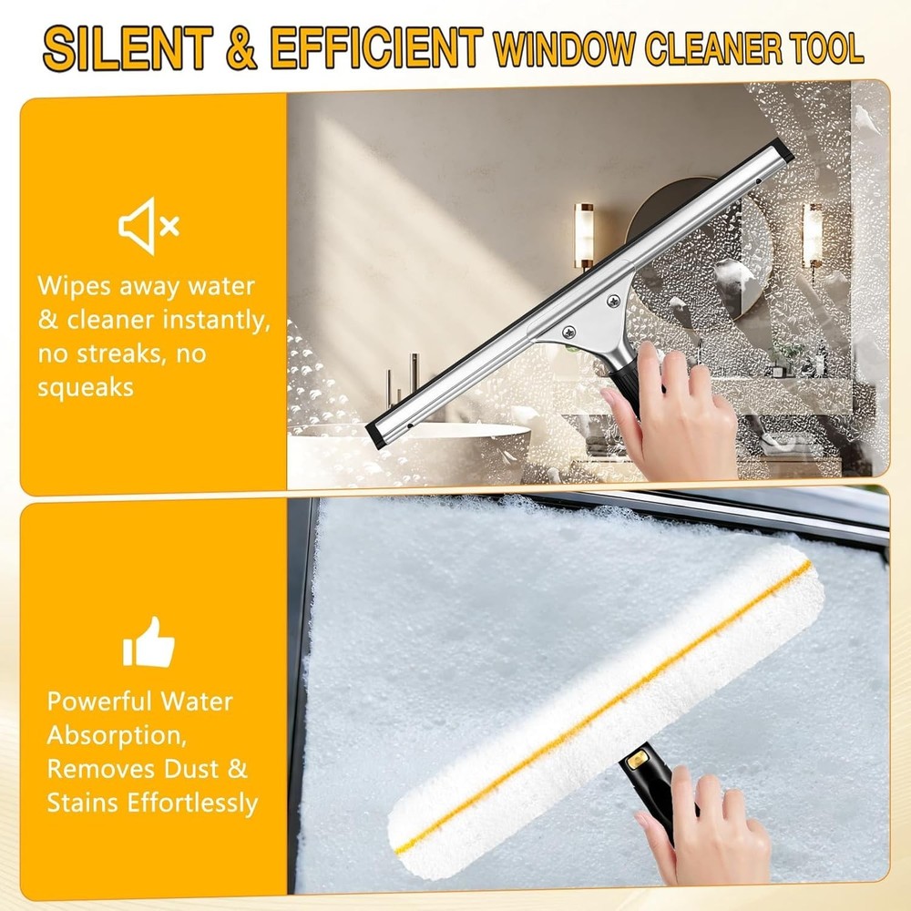 Window Cleaning Squeegee Kit 14" Squeegee & Microfiber Rotatable Window Scrubber