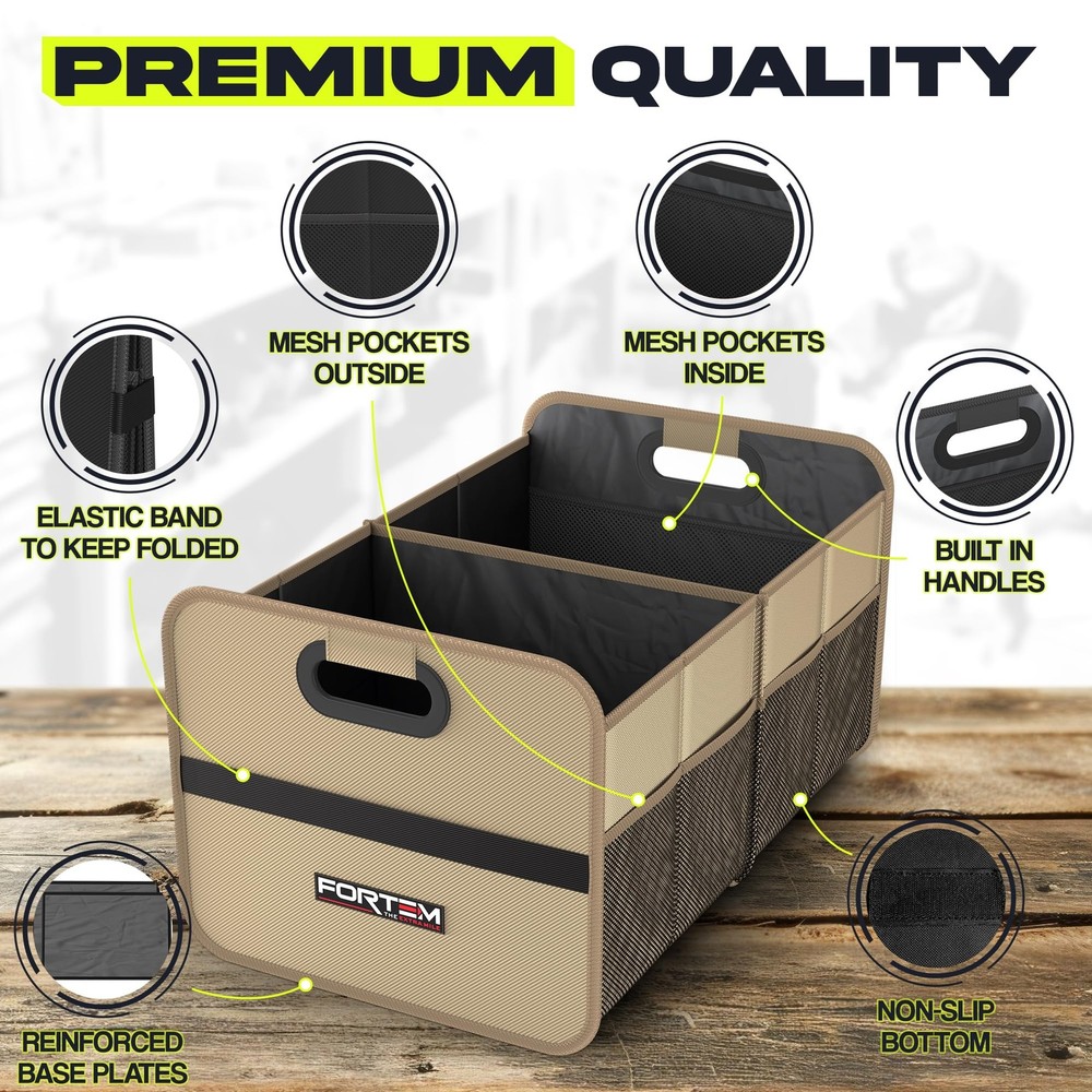 FORTEM Car Trunk Organizer, Collapsible Two Compartment Medium, Beige
