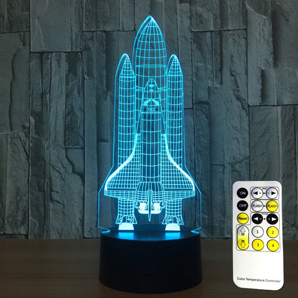 3D Space Rocket Night Light 7-Color Changing LED W Remote Control Touch Switch