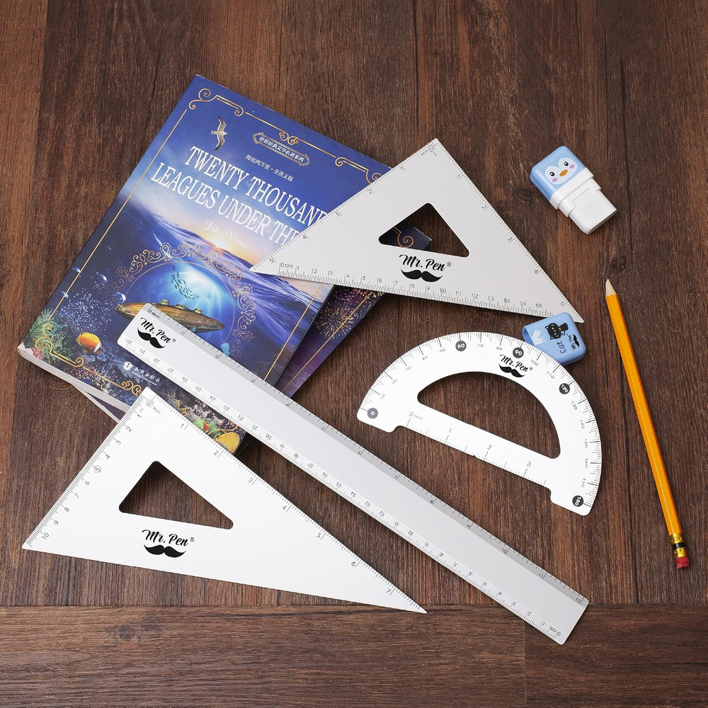 Metal Geometry Kit - 4Pack Set Square, Protractor, Aluminum Ruler, Drafting Tria