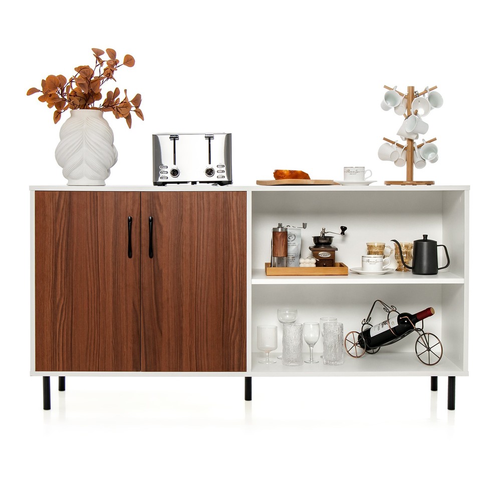 Modern Sideboard Cabinet w/ Spacious Tabletop & Multiple Shelves Walnut White