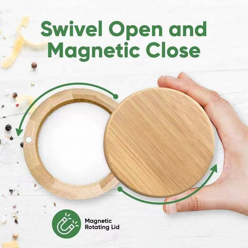 Salt Cellar, Bamboo Salt Container with Lid, Solid Salt Box Holder with 360°