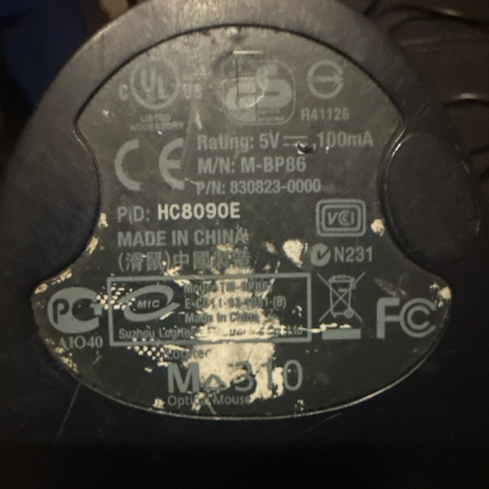 Logitech M310 Optical USB Wired Standard Mouse Scroll Wheel Black Silver