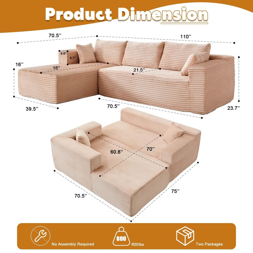 Compression Sectional Couch W/ Chaise | L-Shape Sleeper Sofa | Corduroy Beige