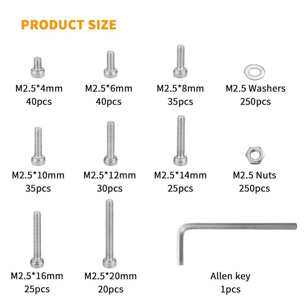 750 Pcs M2.5 Screws, Nuts and Washers Set - Metric Hex Socket Head Cap