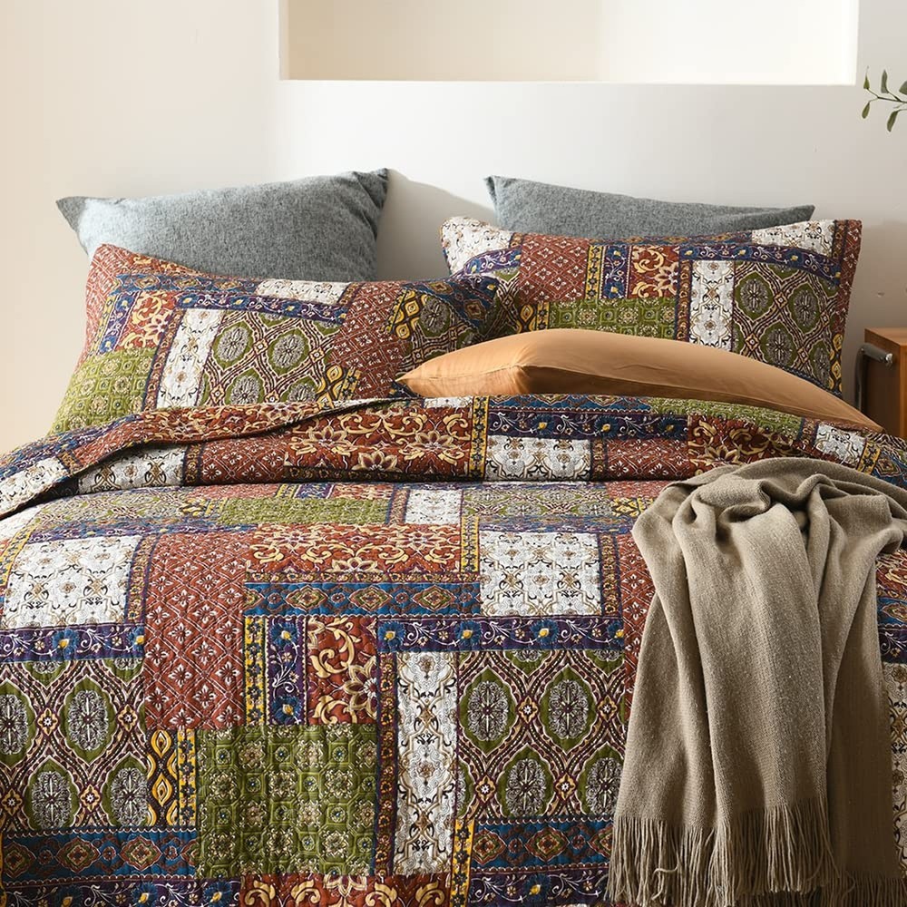 Cotton Bedspread Quilt Sets Reversible Bedding Coverlet Sets Comforter Patchw...